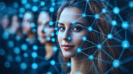 Young caucasian woman in network background with digital connections