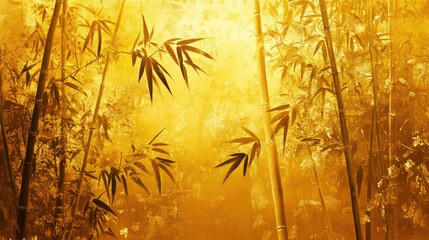 Obraz premium A serene depiction of bamboo stalks against a glowing golden background,