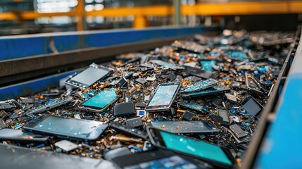 Electronic Waste Pile with Discarded Smartphones in Recycling Facility