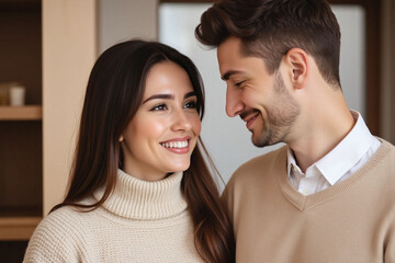 Obraz premium Young couple stands in softly lit indoor setting with smiles