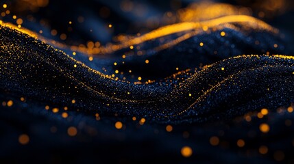 Sparkling gold particles flow across dark undulating waves