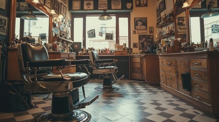 Vintage Barber Shop Interior with Classic Chairs and Decor