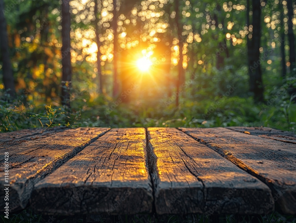 Poster a wooden platform in a forest with golden sunlight filtering through the trees, creating a bokeh eff