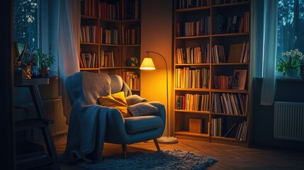 Fototapeta premium Cozy Reading Nook with Armchair and Bookshelf in Evening Light