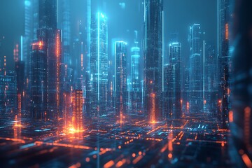 Fototapeta premium A futuristic, high-tech cityscape with buildings made of interconnected data nodes and glowing pathways, representing the integration of cloud technology