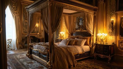 Fototapeta premium Luxurious Vintage Bedroom with Ornate Four-Poster Bed and Drapery