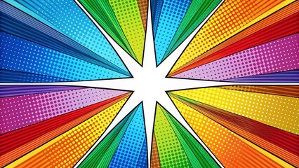 Fototapeta premium Colorful comic book style strip with geometric shapes and bold lines in a radial pattern on a white background, Comic Book Pop Art Strip Radial Backdrop, Geometric Patterns