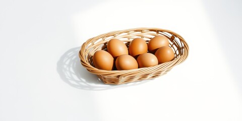 A wicker basket filled with six fresh brown eggs, nestled against the backdrop of a pristine white surface