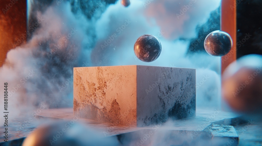 Poster abstract cube and spheres in a smoky atmosphere