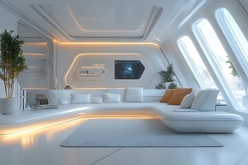 A futuristic modern living room with smart home technology and interactive features