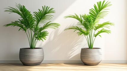 Two potted palm plants stand near a white wall