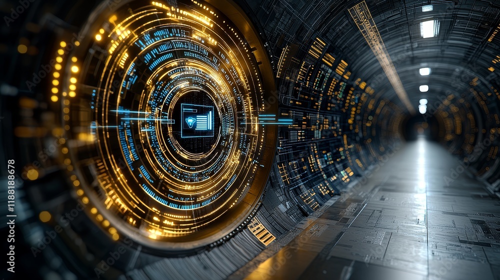 Poster futuristic sci-fi tunnel with digital interface and glowing circuitry lights