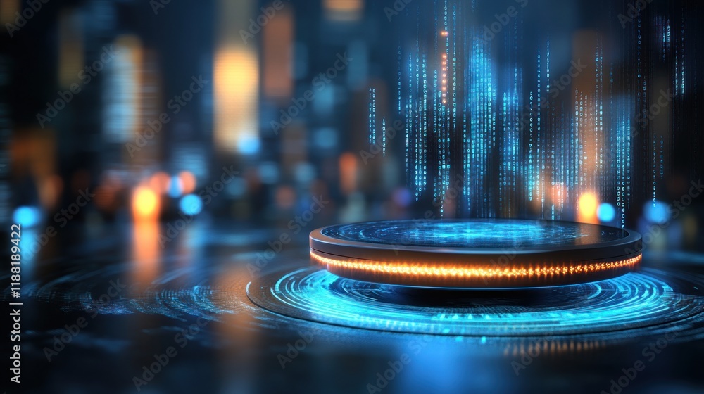Poster Futuristic Circular Platform With Digital Data Stream