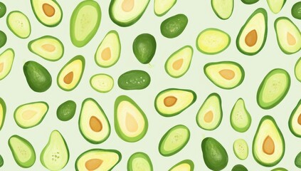 Seamless pattern of whole and halved avocados on light green background.