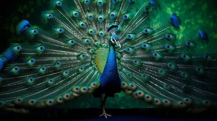 Obraz premium A peacock displaying its feathers, studio lighting setup, light background with space in the middle,generative ai illustration
