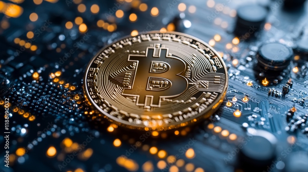 Poster close-up of bitcoin coin on circuit board with sparkling lights