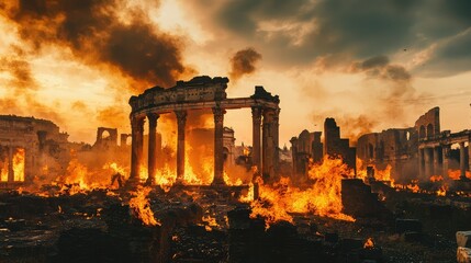 Fototapeta premium Dramatic Landscape of Burning Ruins and Fiery Sky at Dusk