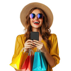 Beautiful young woman in hat and sunglasses holding shopping bags and using mobile phone, isolated on transparent background.