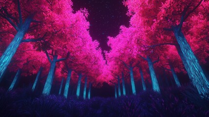 Enchanted Forest with Neon Pink Trees and Starry Night Sky