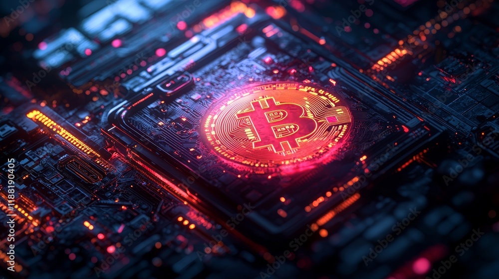 Poster futuristic circuit board with glowing bitcoin symbol in high-tech environment