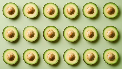 Halved avocados arranged in a grid pattern on a light green background.