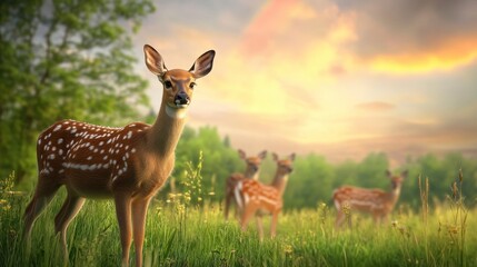 Deer grazing in a vibrant meadow under a distant rainbow, showcasing nature's serene beauty and harmony.