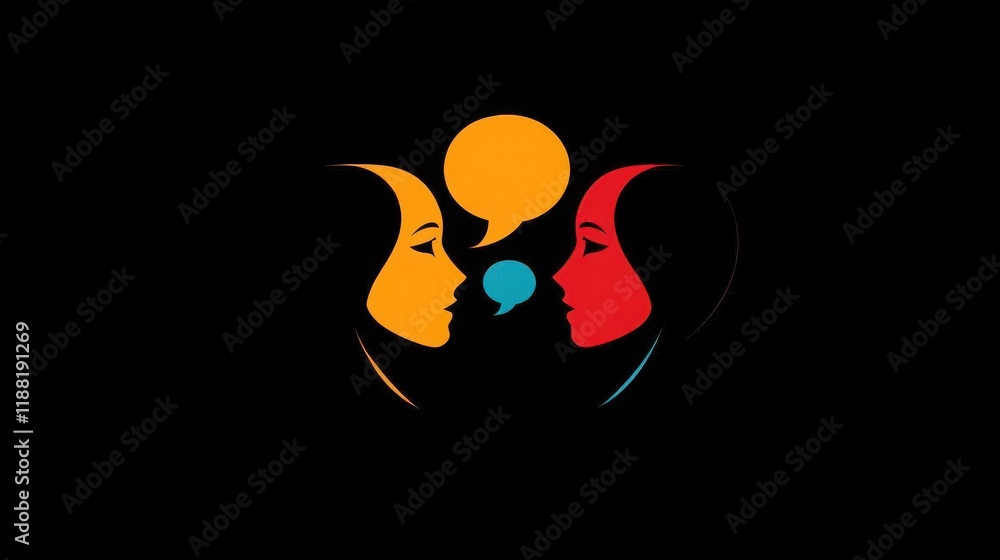 Poster a minimalist talk logo with two faces and a speech bubble between them, perfect for a communication 