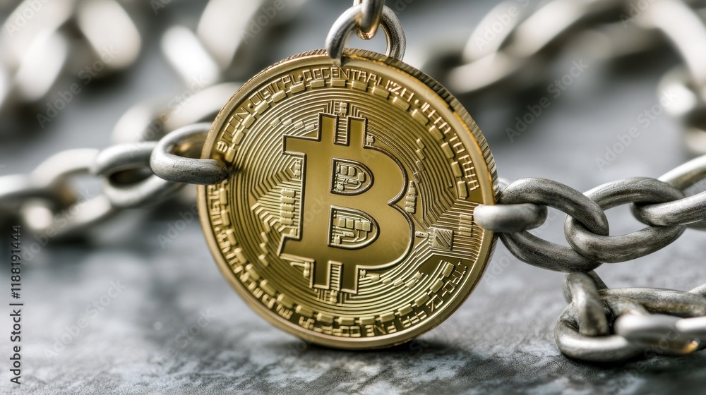Poster bitcoin coin secured by strong metal chain links