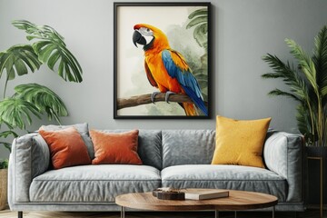 Green and yellow macaw sitting on a sofa in a cozy contemporary living room