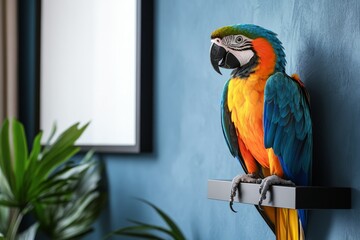 Colorful macaws perched on a branch in living room.