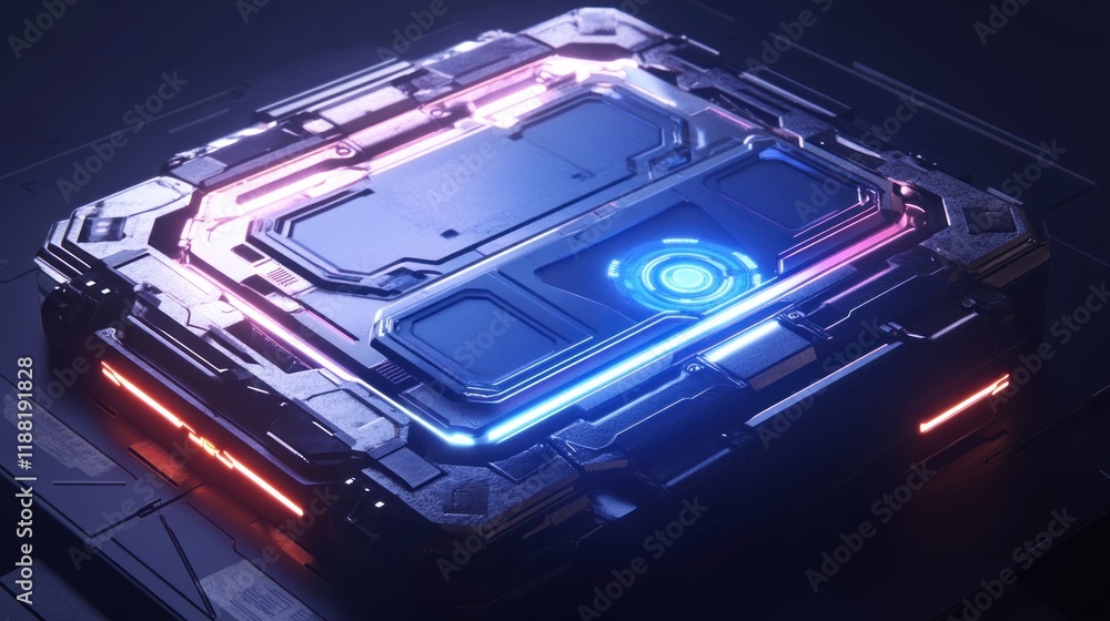 Poster futuristic glowing tech cube energy core device