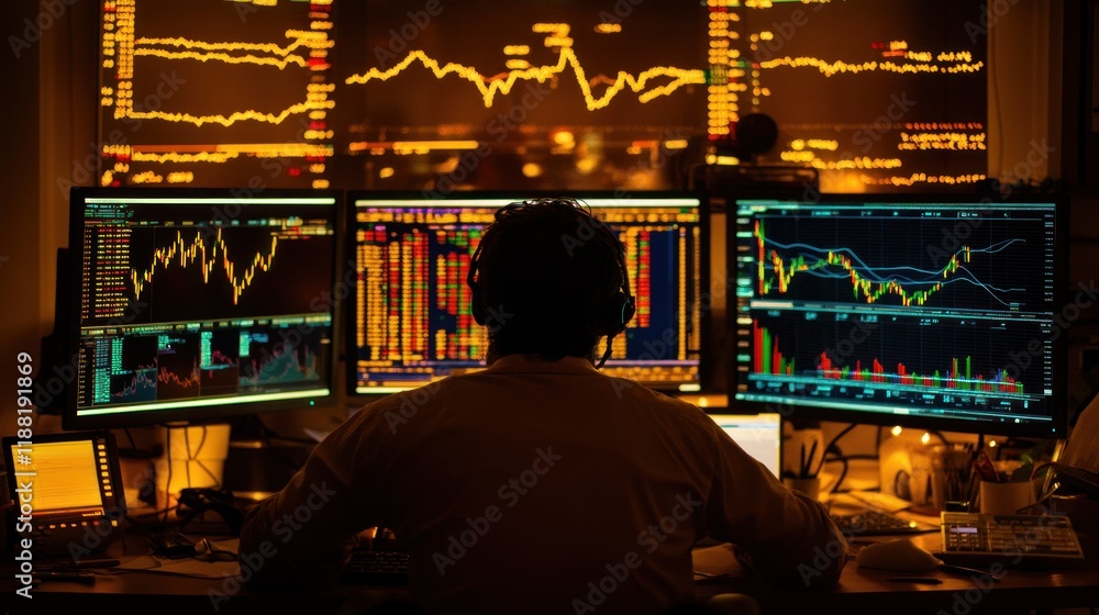 Poster Trader Working Late Analyzing Stock Market Data