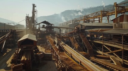 Fototapeta premium A bustling industrial site with machinery and conveyor belts, processing materials against a mountainous backdrop.