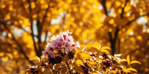 A cluster of pink blossoms emerges from a backdrop of vibrant golden autumn leaves, showcasing the beauty of contrasting seasons.
