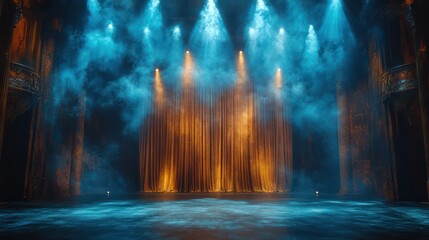 A vast concert stage with spotlights shining down, an empty backdrop