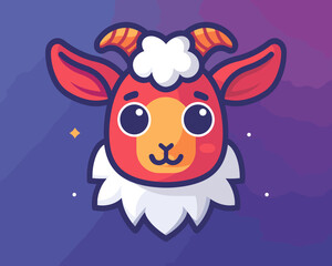 Cartoon goat with a big smile on its face. The goat is wearing a red hat and has a white beard