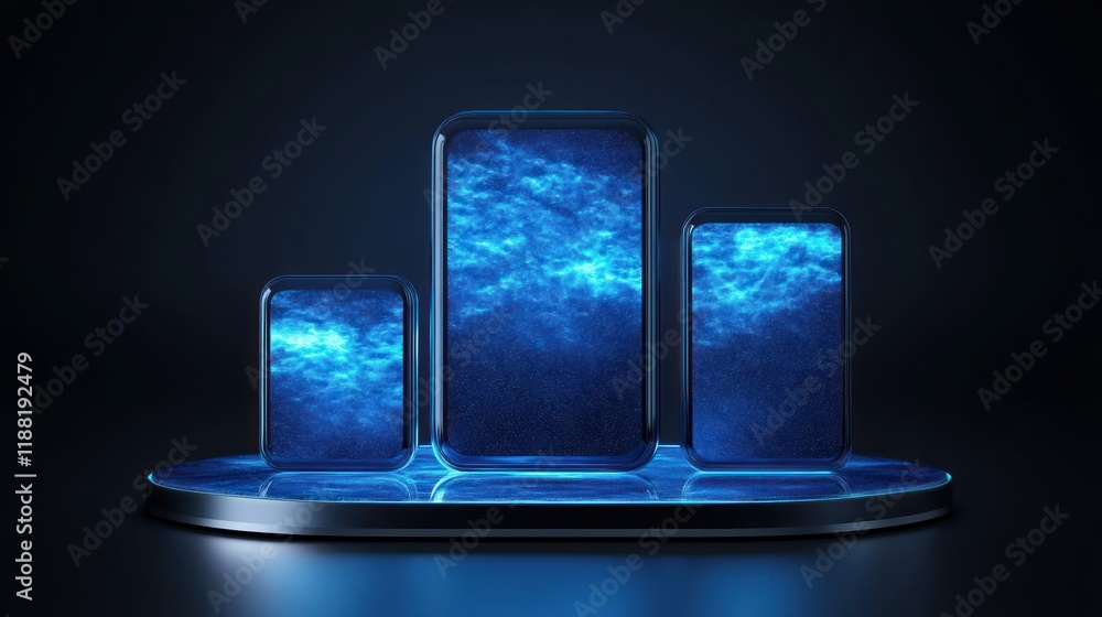 Poster three smartphones displaying blue nebula patterns