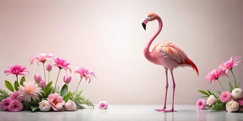 Pink flamingo standing alone in a minimalist studio with a white background and bright pink flowers surrounding it, highlighting its vibrant plumage , studio, decorative accent