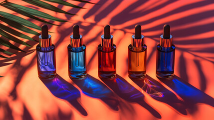 Colorful essential oil bottles on coral backdrop with palm leaf shadow, showcasing skincare product range for advertising