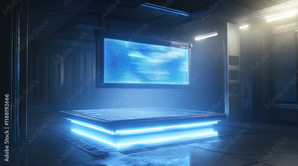 Poster Futuristic Display Screen Above Illuminated Platform
