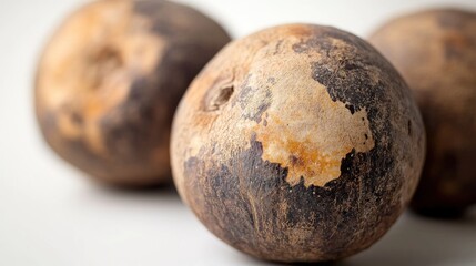 Fototapeta premium Close-up of Three Dark Brown, Dried Black Sapote Fruits