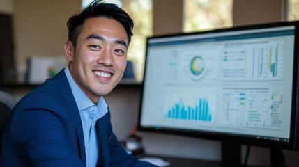 Asian male young adult analyzing data on computer in office setting