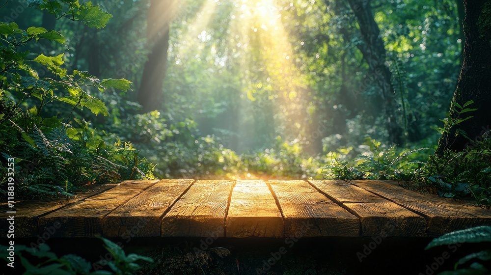 Poster sunlight streams through a lush green forest, illuminating a rustic wooden platform in the foregroun