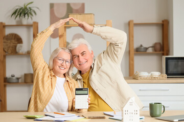 Senior couple with calculator making roof gesture in kitchen. Utility bills concept