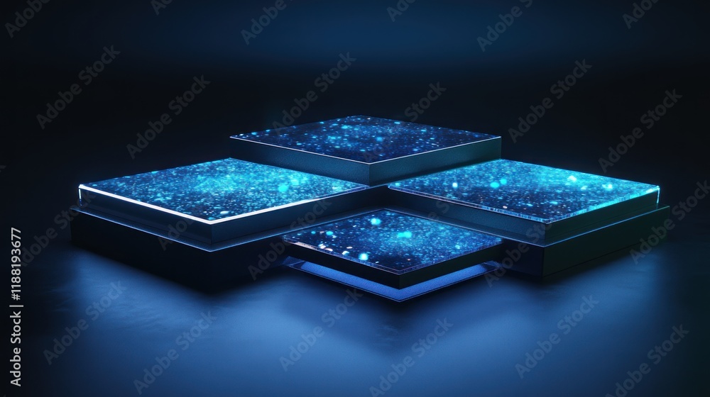 Poster Abstract Blue Illuminated Geometric Platform Structure