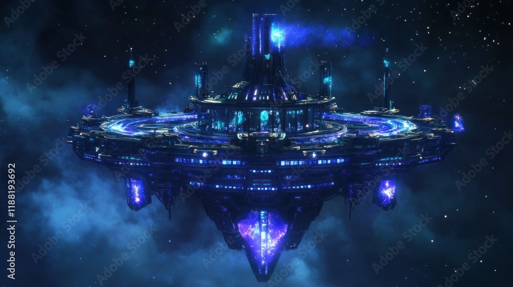 Poster futuristic space station orbiting in deep space