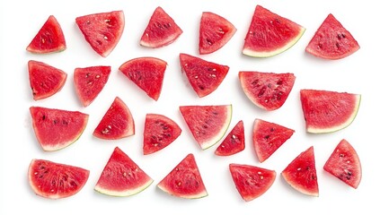 Flat lay of watermelon slices on white background.