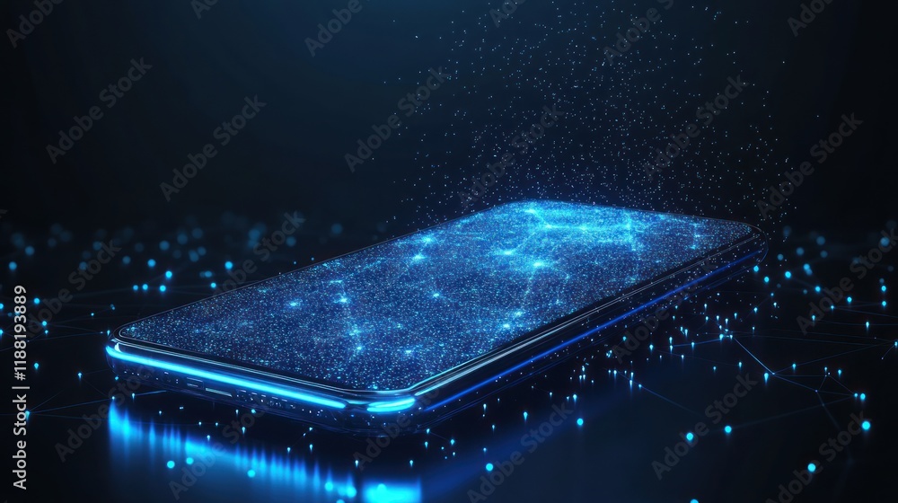 Poster futuristic smartphone displaying digital network connections