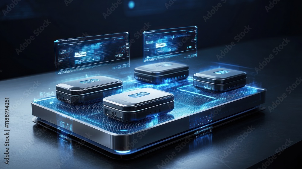 Poster futuristic data storage system with holographic displays