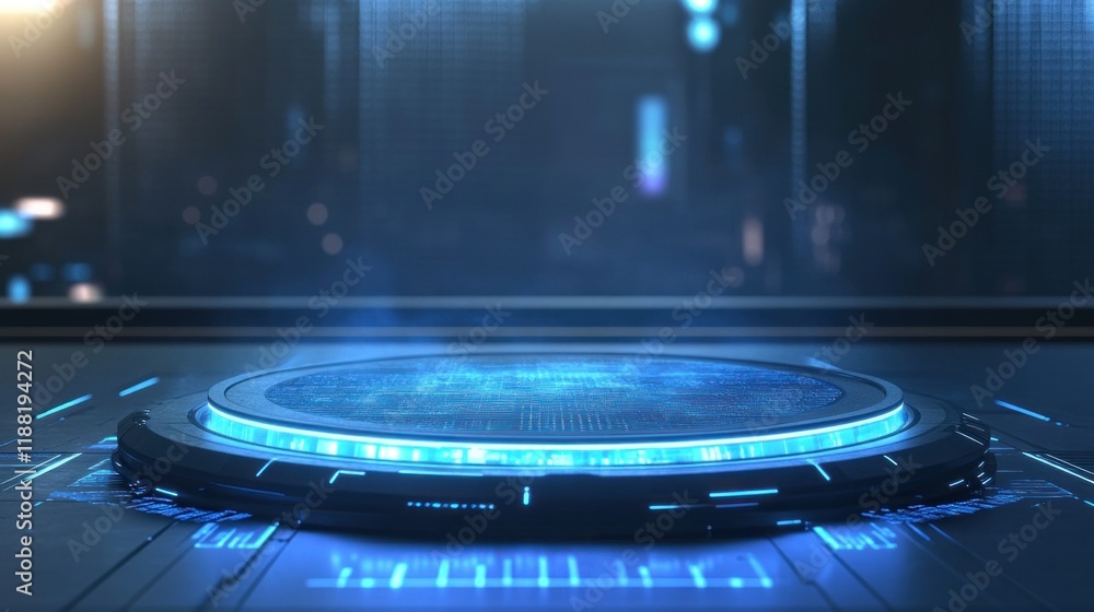 Poster futuristic circular platform glowing blue in dark setting